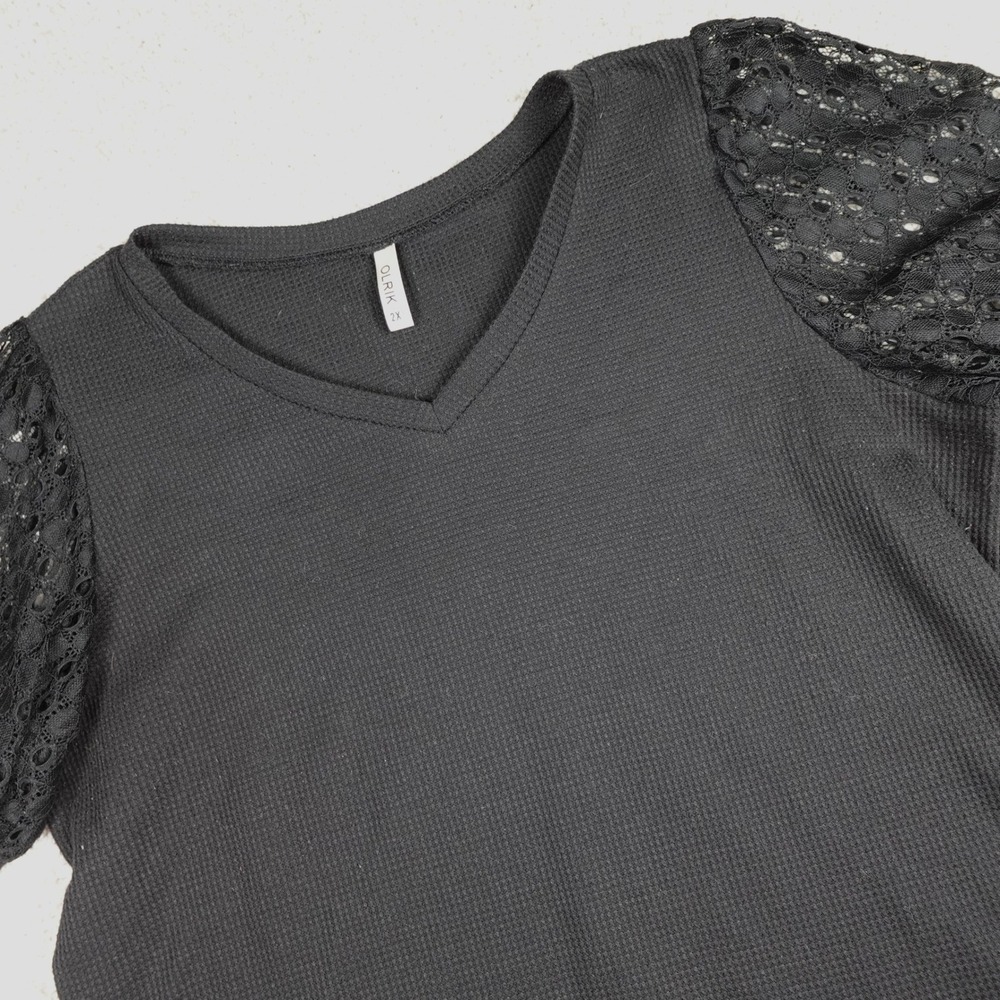 Olrik Women Black Waffle Knit V-Neck Top Eyelet Lace Puff Sleeve Blouse 2X